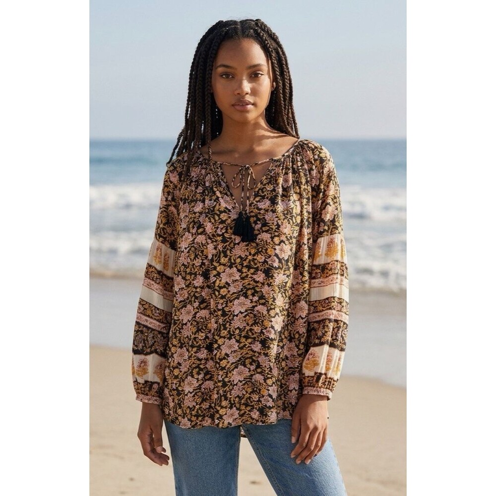 Billabong long sleeve peasant boho lightweight summer blouse tassle coquette Med